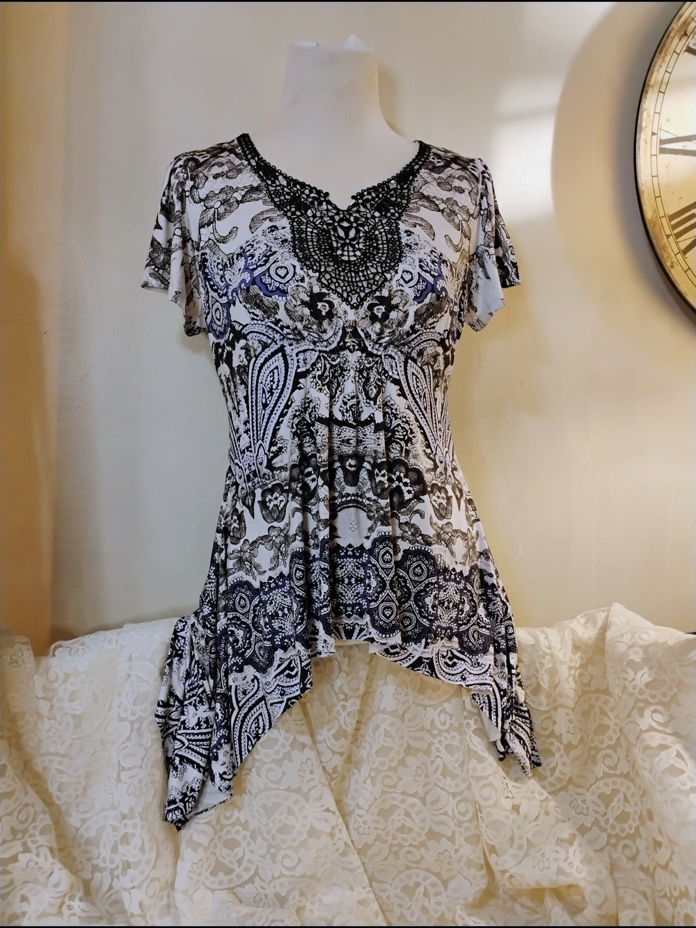 World Unity Hanky Hem Dramatic Embroidered Tunic Top
